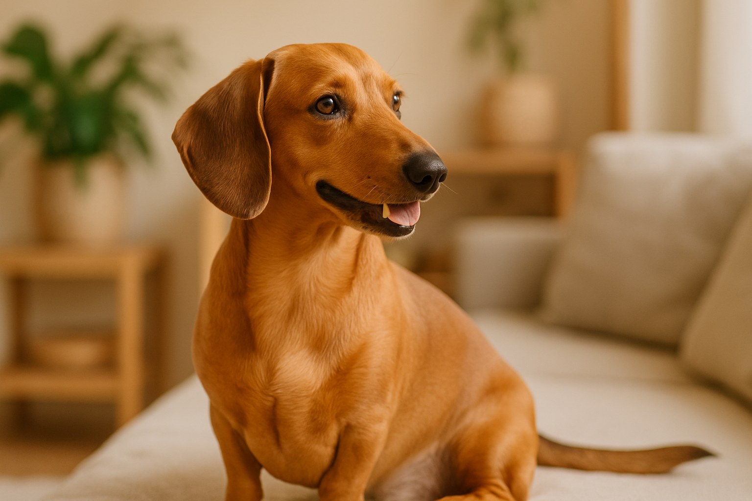 Piccolo cane rilassato su un divano di un appartamento moderno
