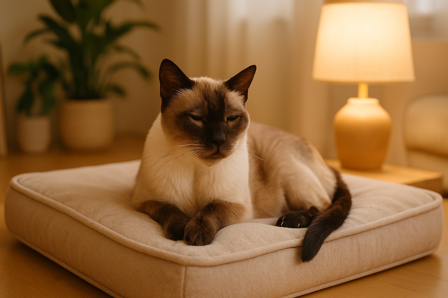 Gatto anziano sdraiato comodamente su un cuscino con sguardo riposante