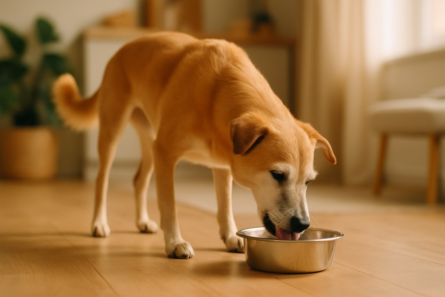 Cane labrador che mangia pollo bollito e riso da una ciotola