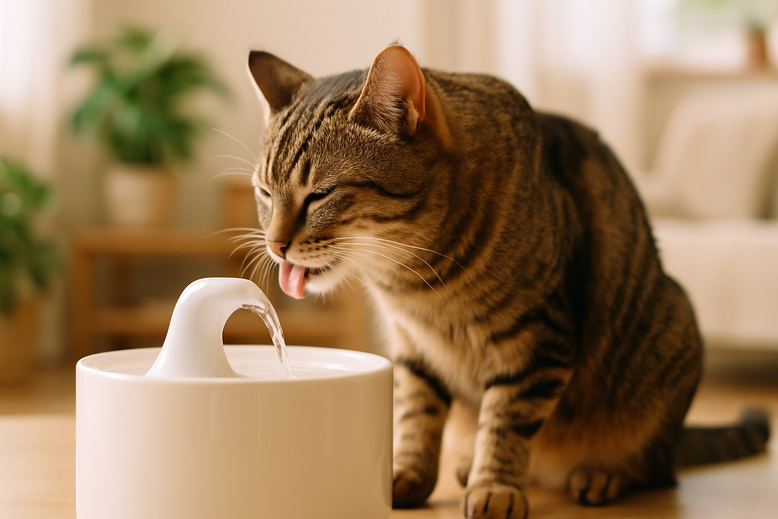 Gatto tigrato che beve acqua fresca da fontanella per gatti in ceramica bianca