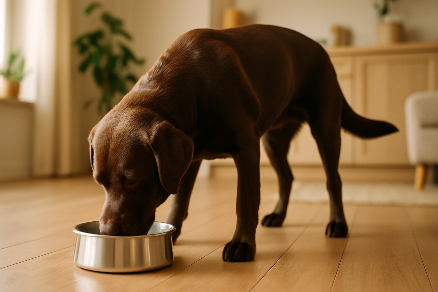 Cane che beve acqua fresca da una ciotola pulita