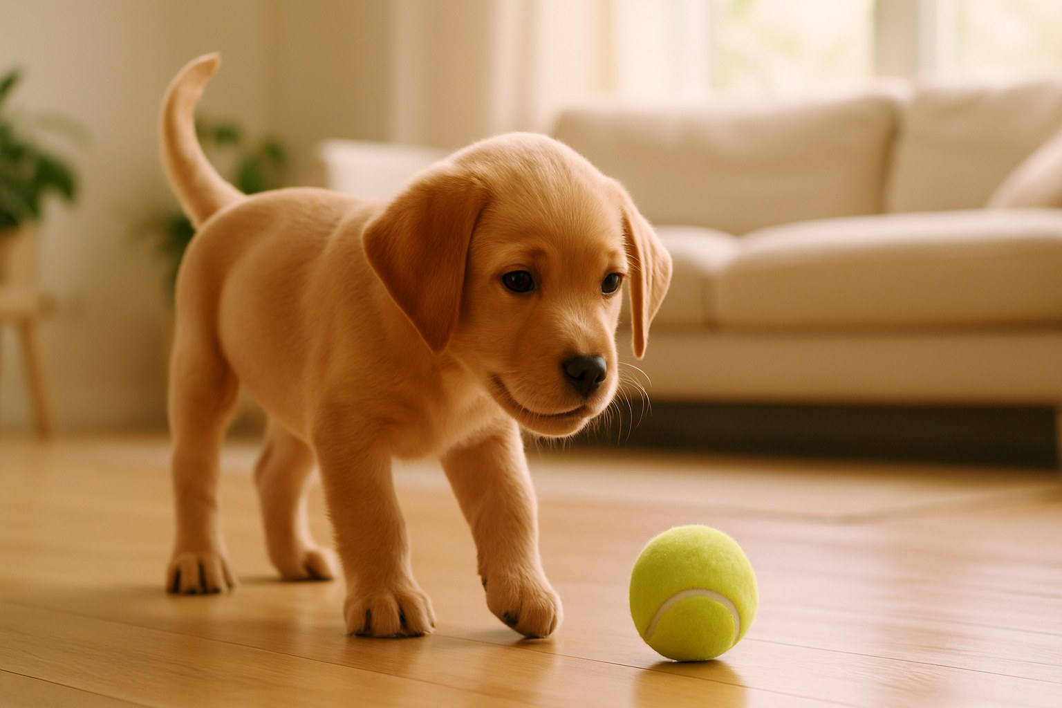 Cucciolo di Labrador color miele esplora una nuova casa con un giocattolo in bocca