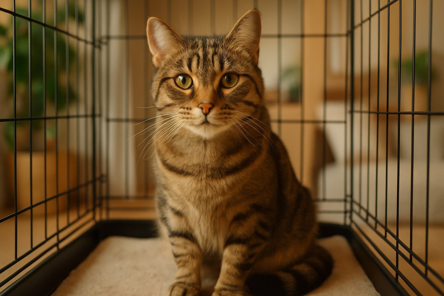 Gatto adulto tigrato in gabbia di canile che guarda verso l'osservatore con espressione dolce e speranzosa