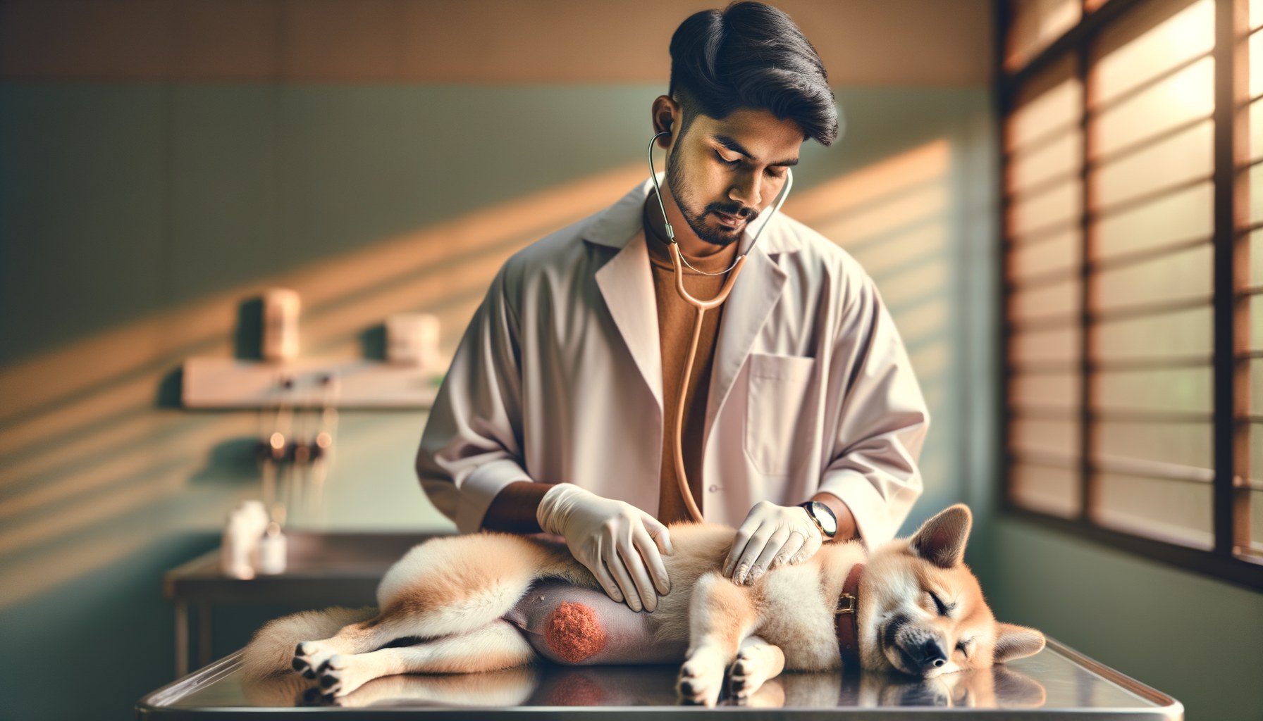 Veterinario che esamina la pelle di un cane con dermatite