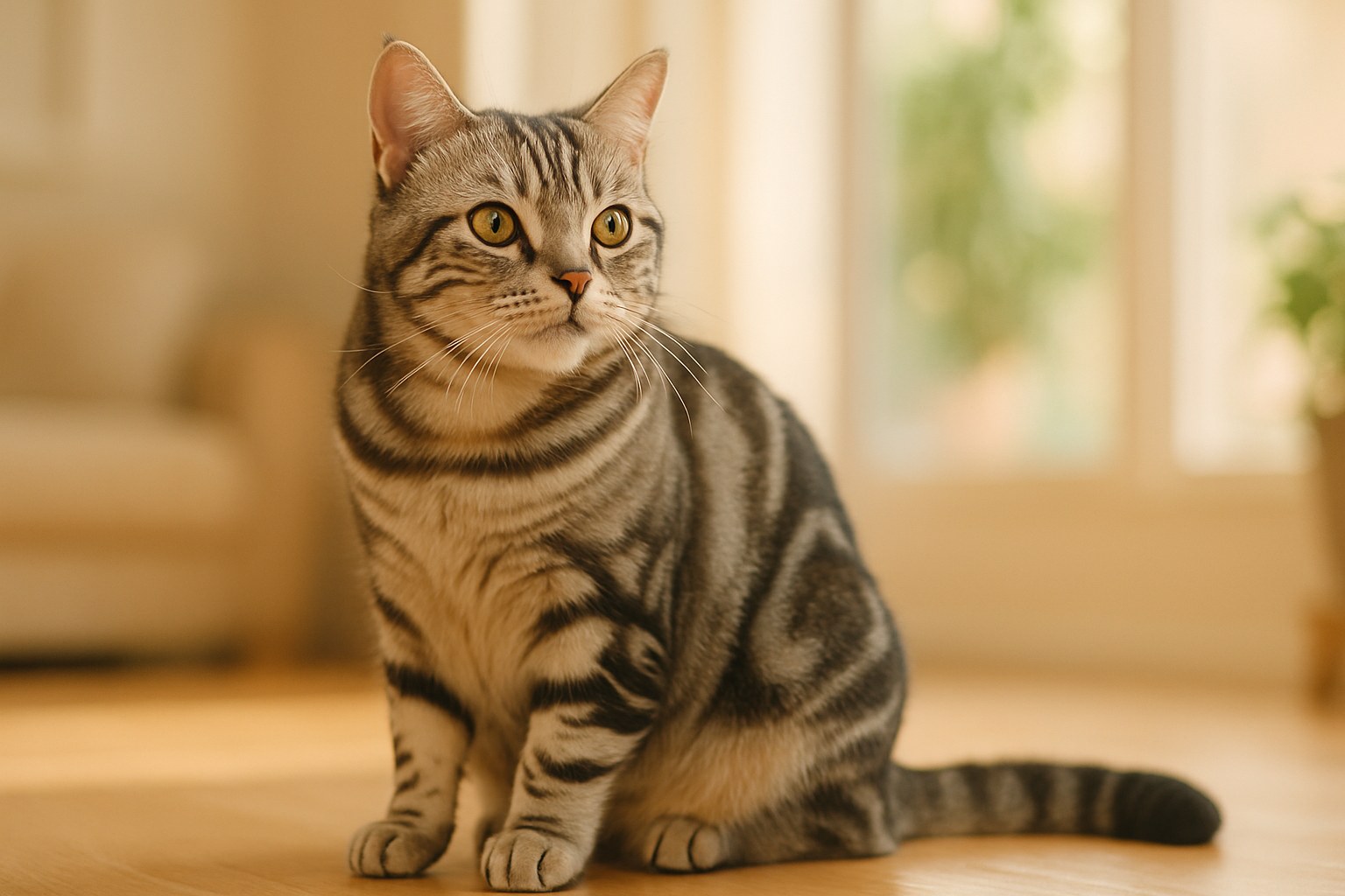 American Shorthair silver tabby con sguardo intelligente seduto su un mobile