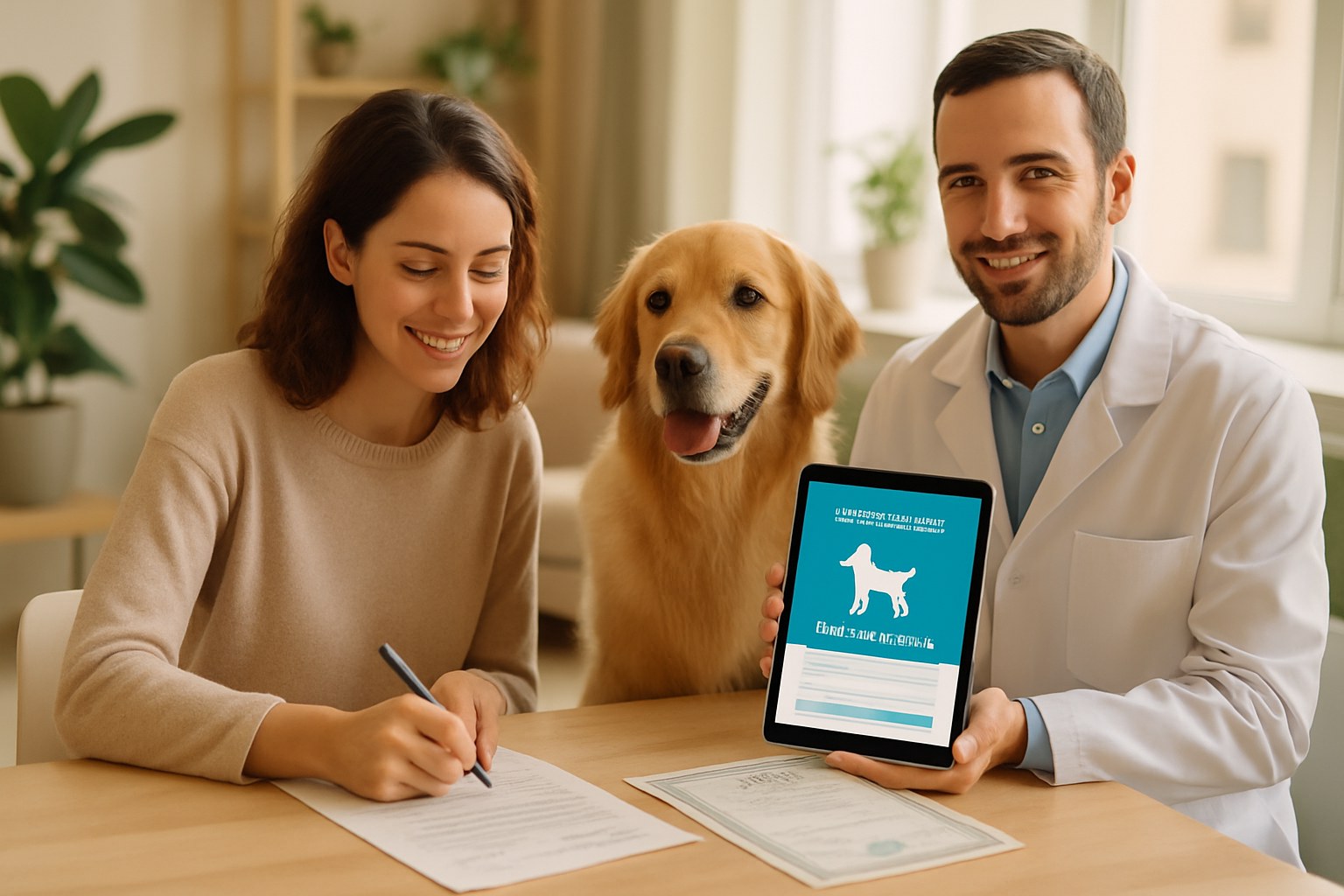 Proprietario di cane che firma documenti presso veterinario per registrazione anagrafe nazionale animali domestici 2026