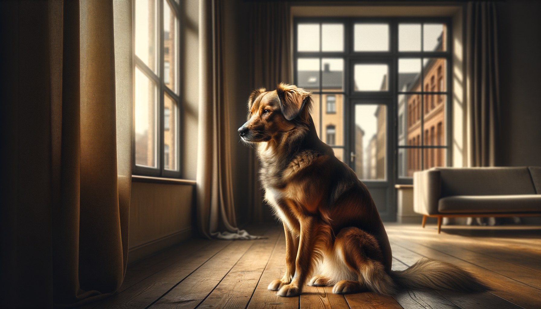 Cane che guarda fuori dalla finestra con espressione triste mentre il proprietario è uscito