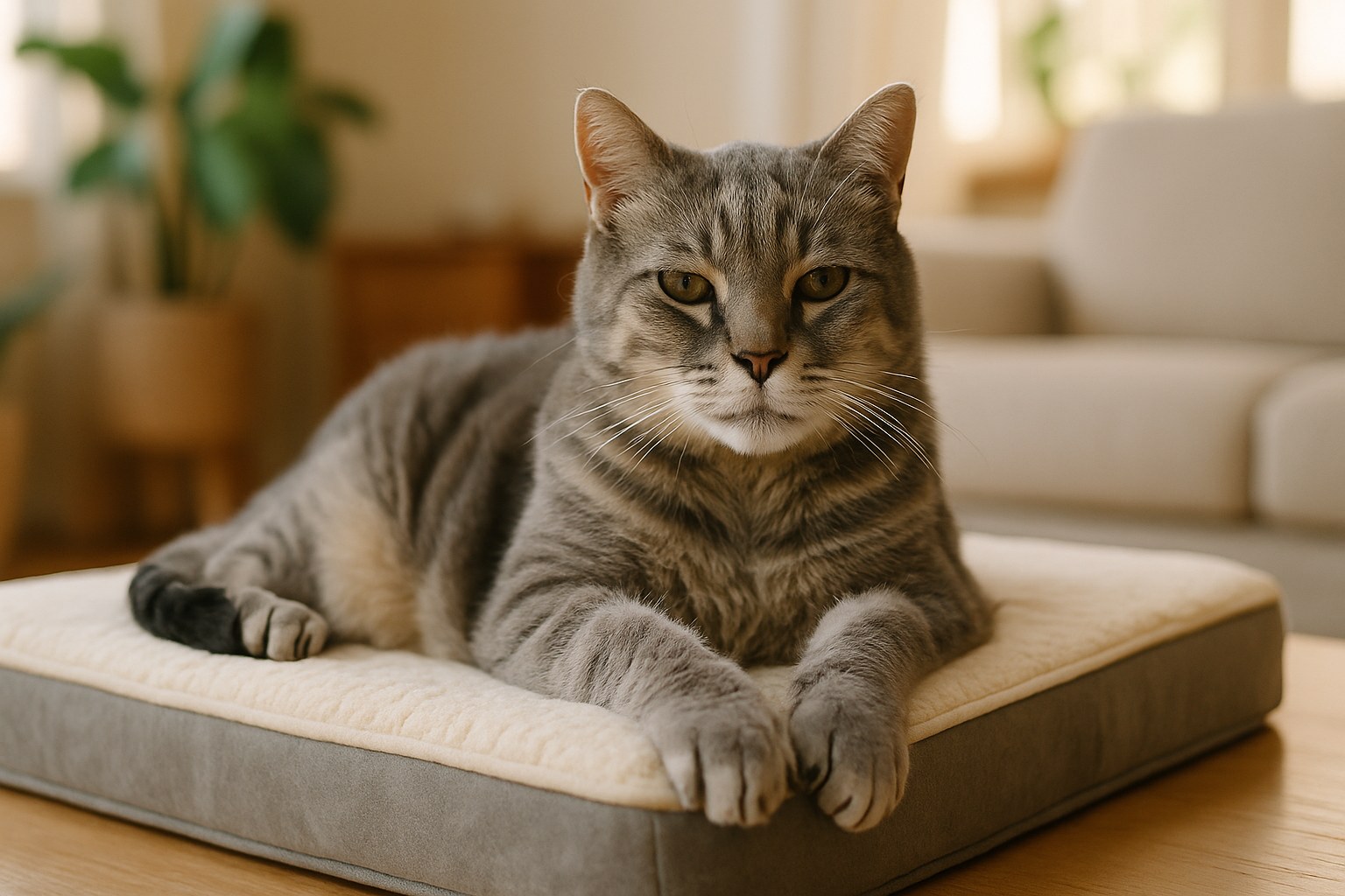Gatto anziano grigio che riposa su cuscino ortopedico con espressione serena, zampe anteriori distese