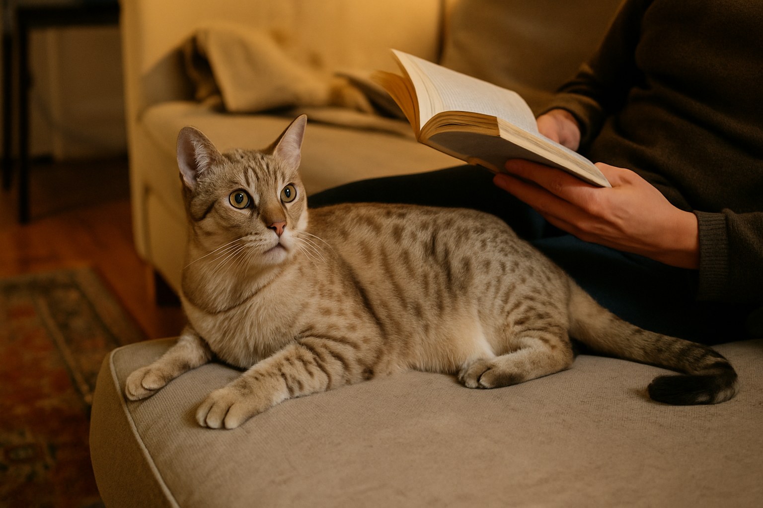 Gatto Australian Mist marrone con disegno tabby e occhi verdi