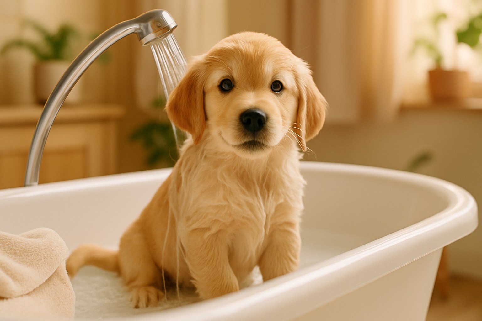 Cucciolo di cane golden retriever durante il primo bagnetto in vasca con acqua tiepida e shampoo specifico