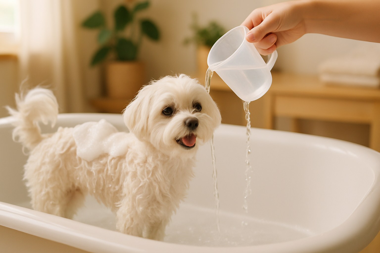 Cane Golden Retriever durante il bagno in vasca con schiuma bianca