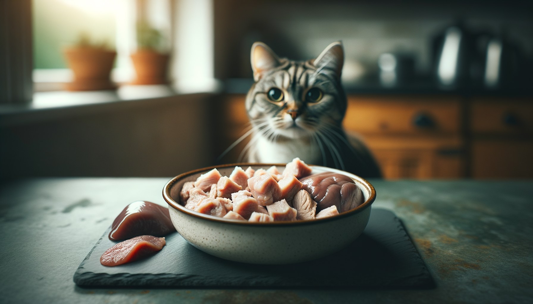 Ciotola in ceramica con carne cruda e frattaglie per dieta BARF del gatto