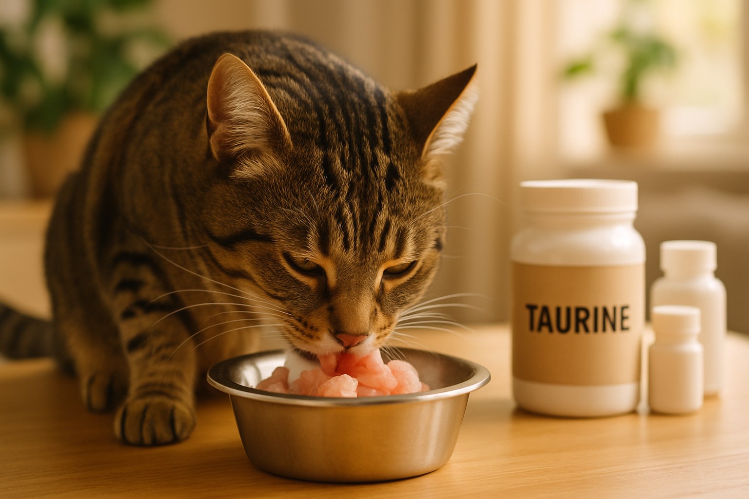 Gatto domestico che mangia carne cruda da ciotola in acciaio con supplementi nutrizionali visibili sul tavolo