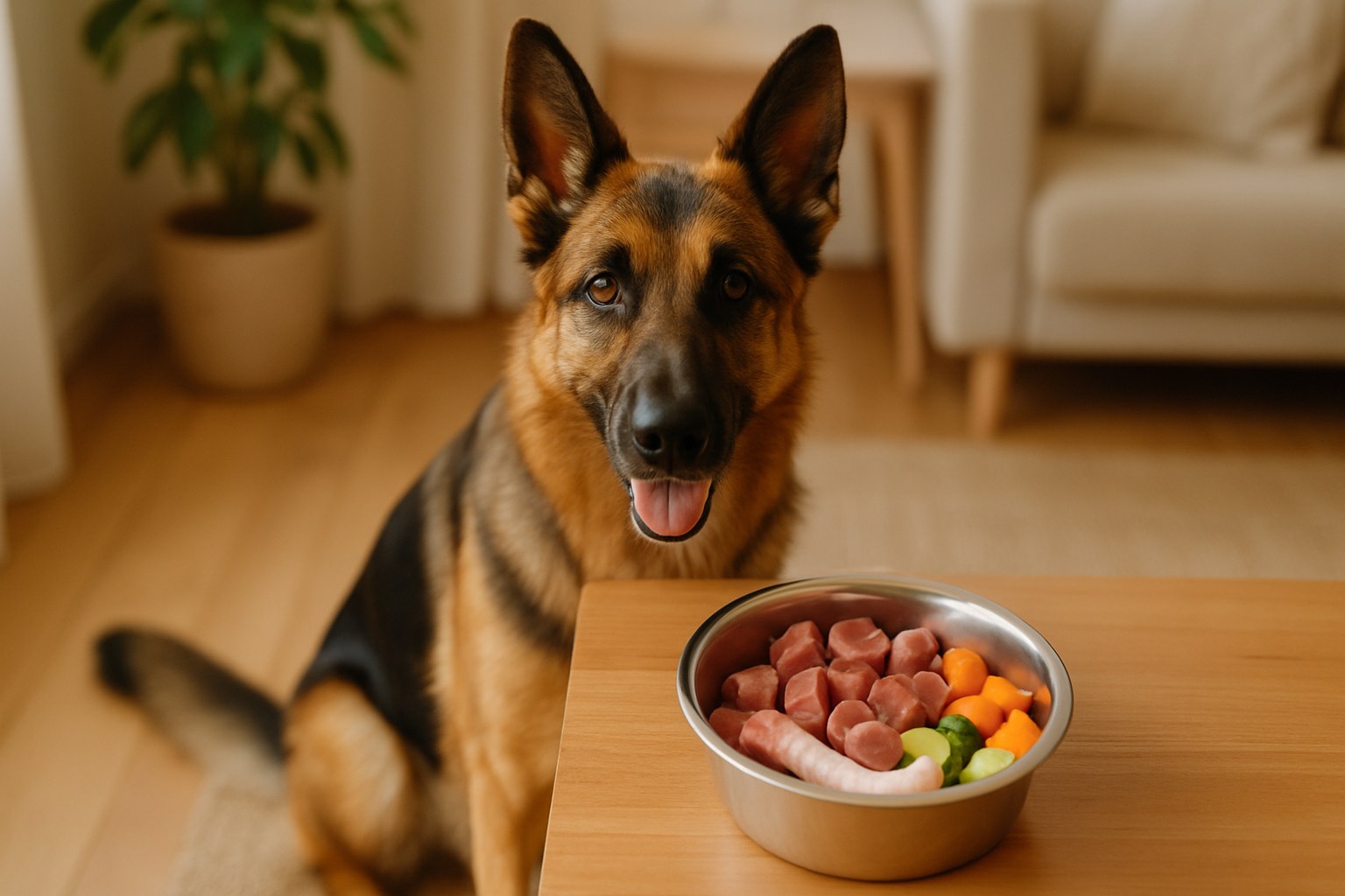 Ciotola con carne cruda, ossi polposi e verdure per cane