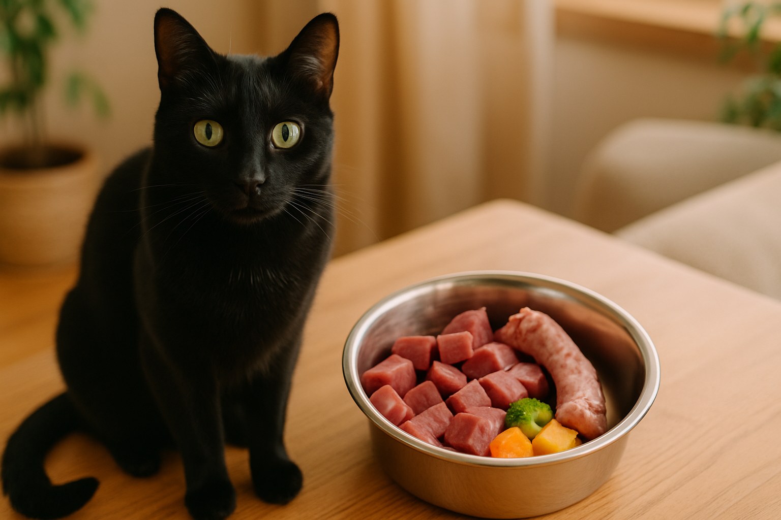 Ciotola con carne cruda finemente tritata per gatto