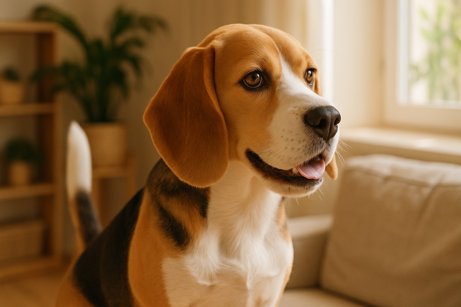 Beagle tricolore con sguardo curioso in un giardino