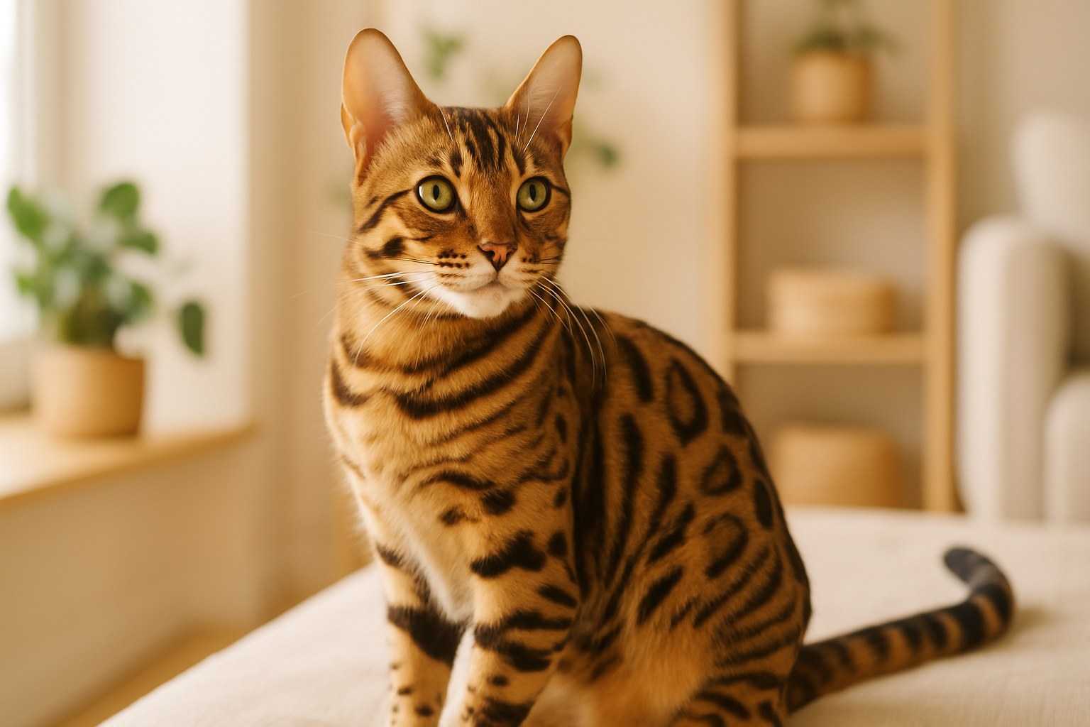 Gatto Bengala maculato in posizione di caccia su un mobile
