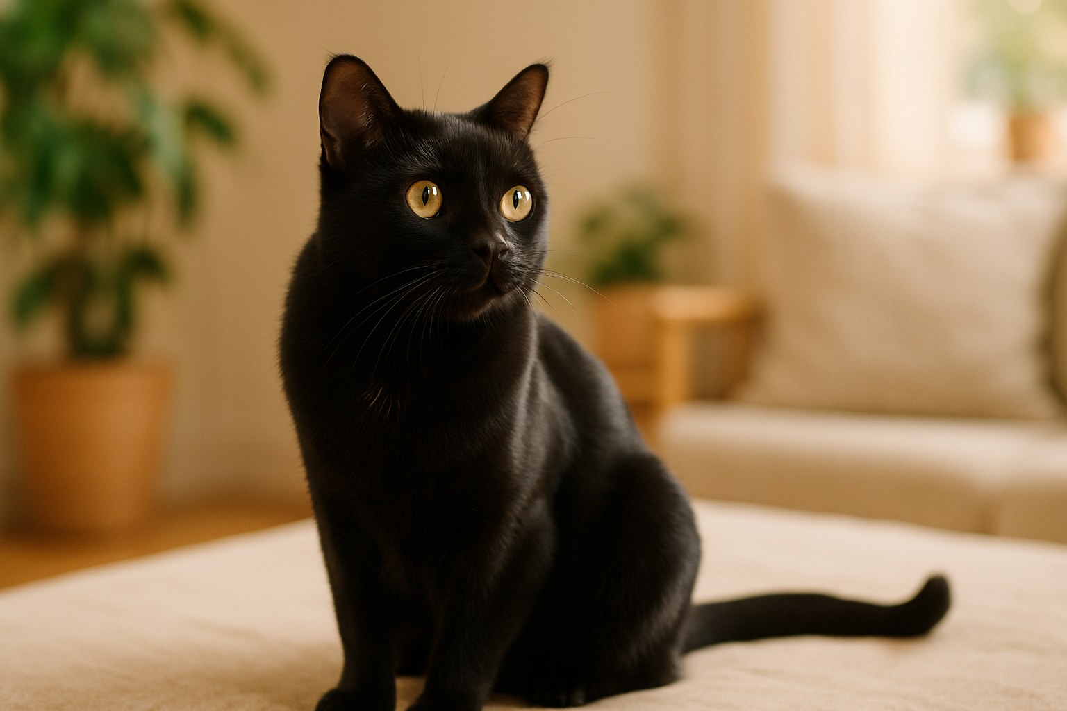 Gatto Bombay nero lucido con occhi gialli intensi su un mobile
