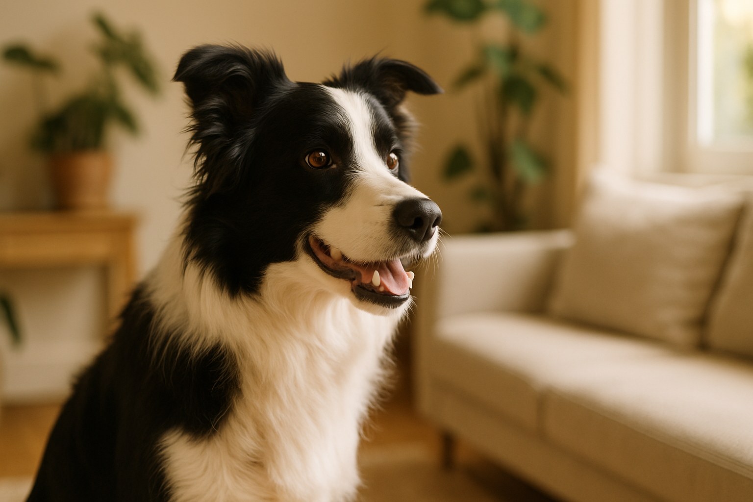 Border Collie bianco e nero in posizione di attenzione su un prato verde