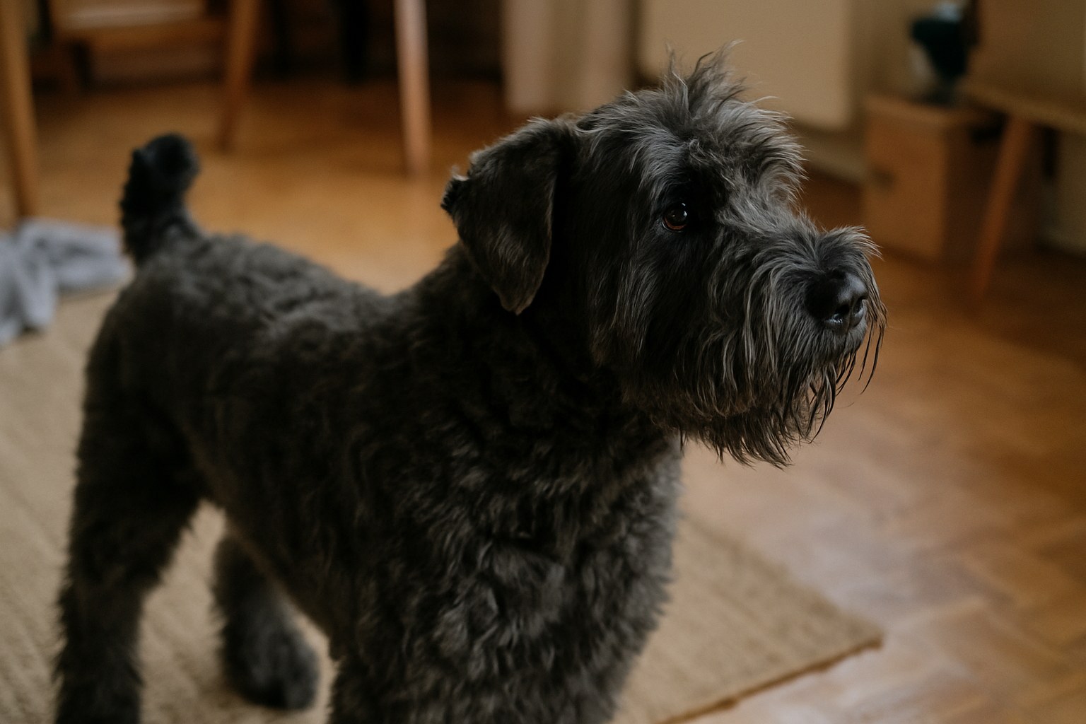 Schwarzer, struppiger Bouvier des Flandres mit charakteristischem Bart