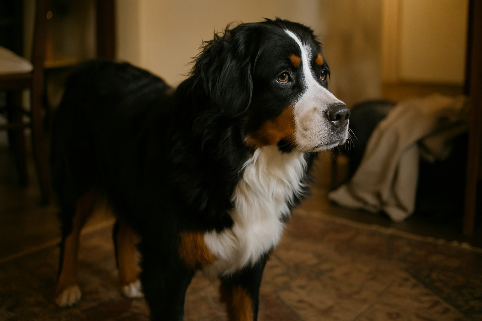 Bovaro Bernese tricolore con espressione dolce vicino al padrone