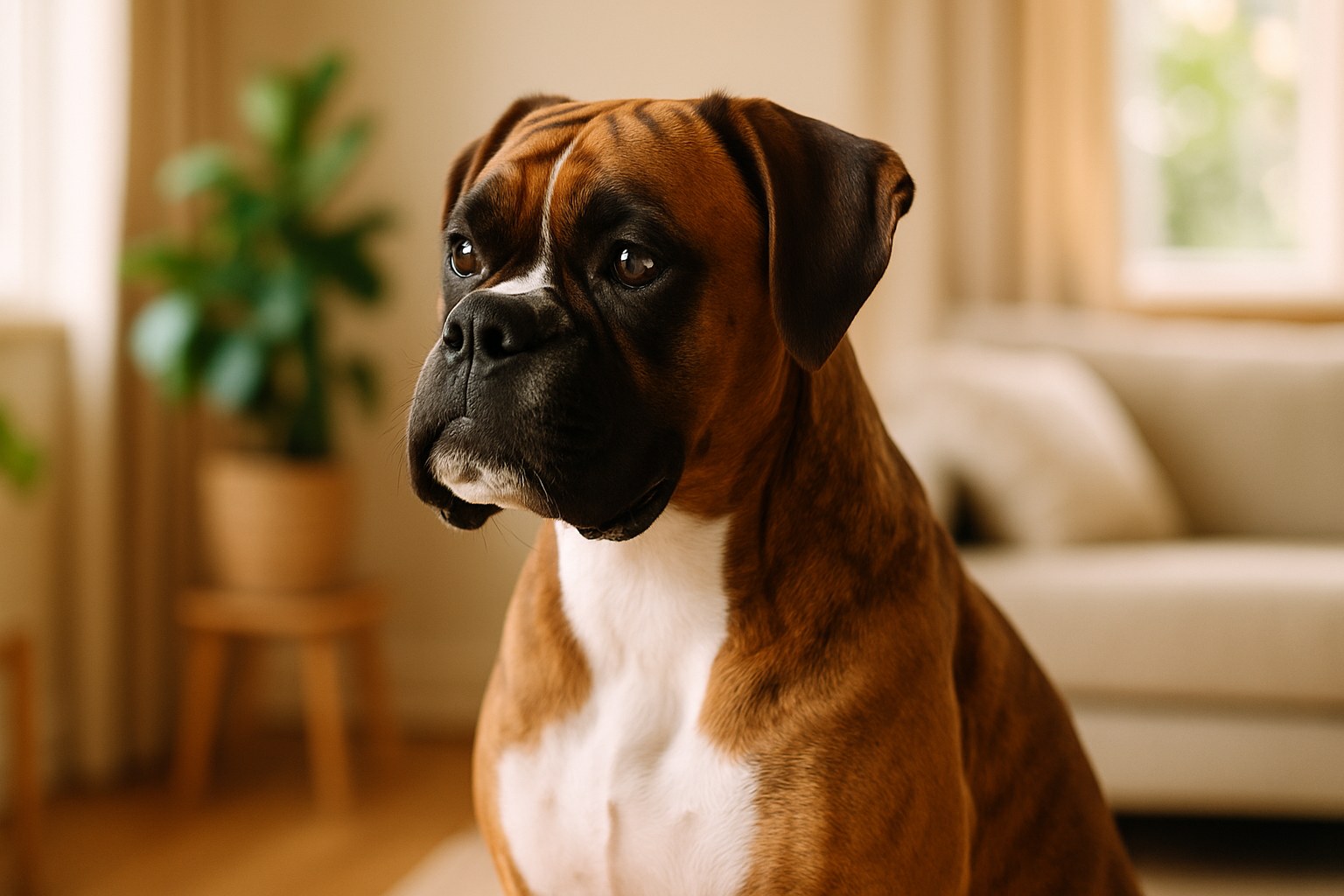 Boxer fulvo con maschera nera che gioca all'aperto