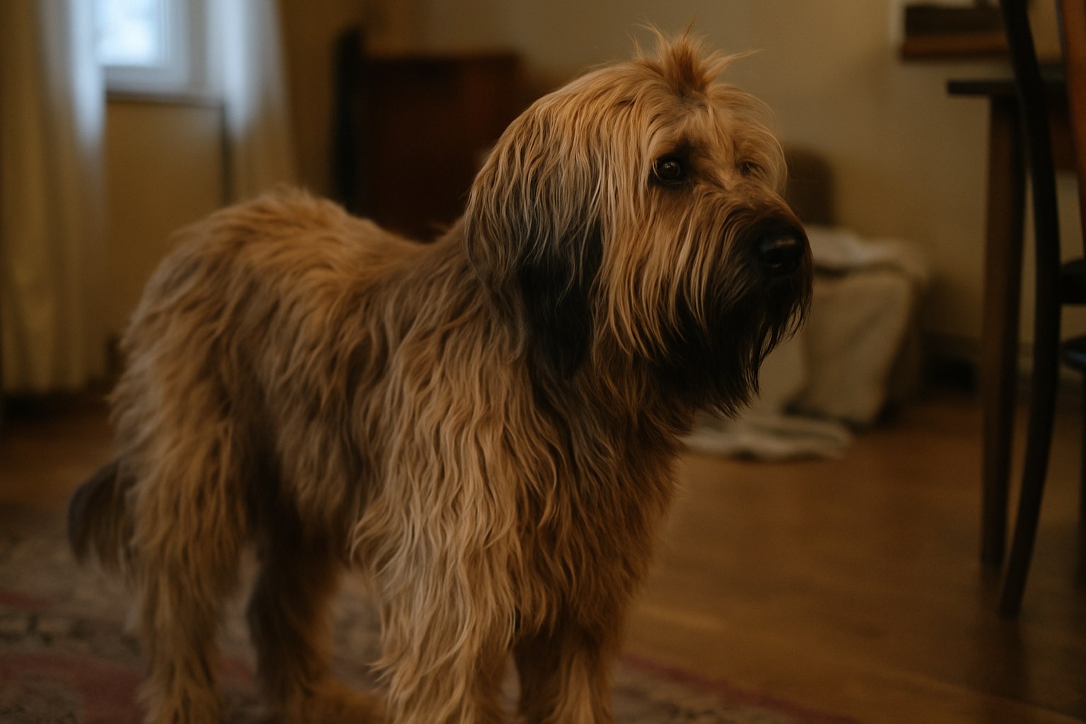 Briard fulvo con mantello lungo che cammina in un campo