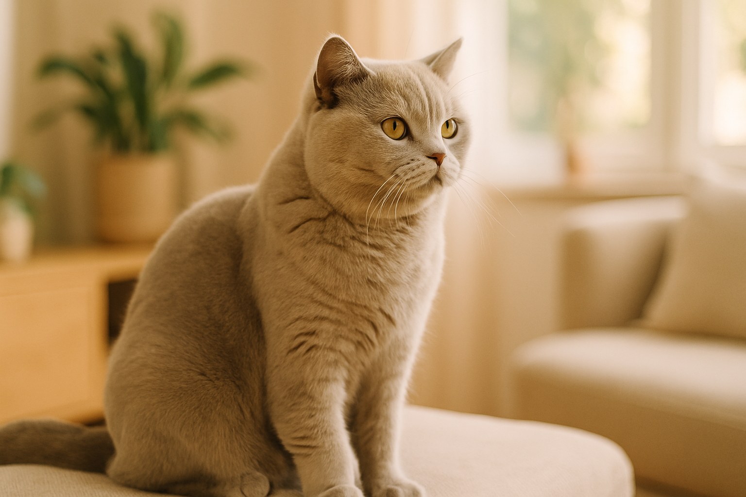 British Shorthair blu dalle guance piene seduto fiero