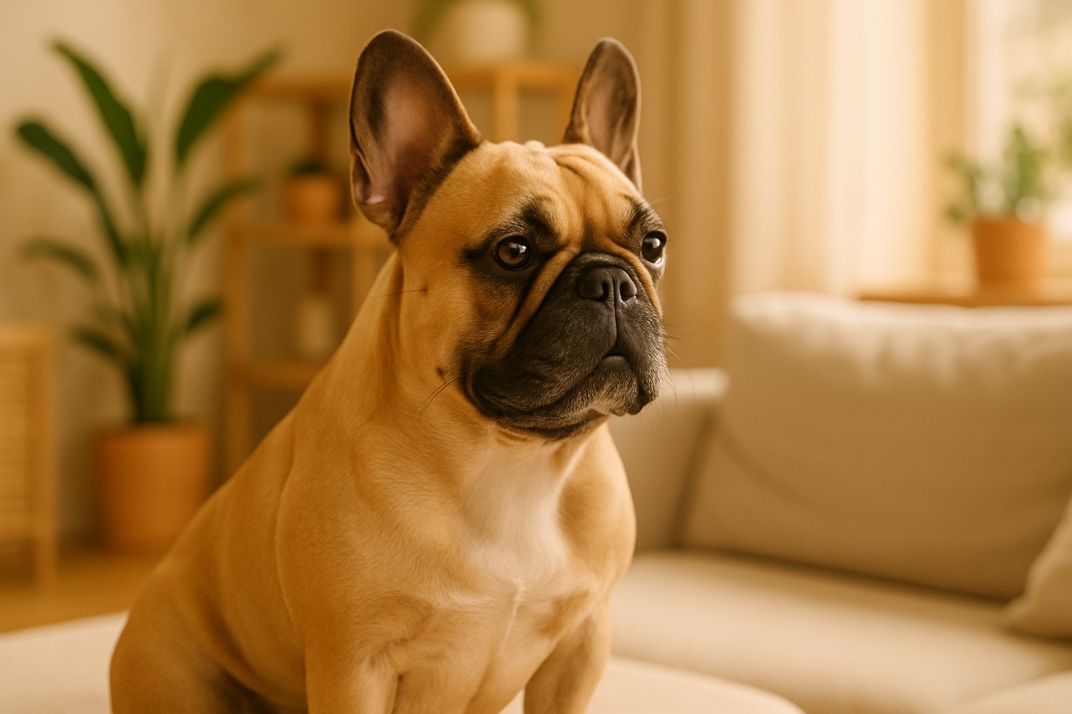 Bulldog Francese pezzato con orecchie a pipistrello sdraiato su un cuscino
