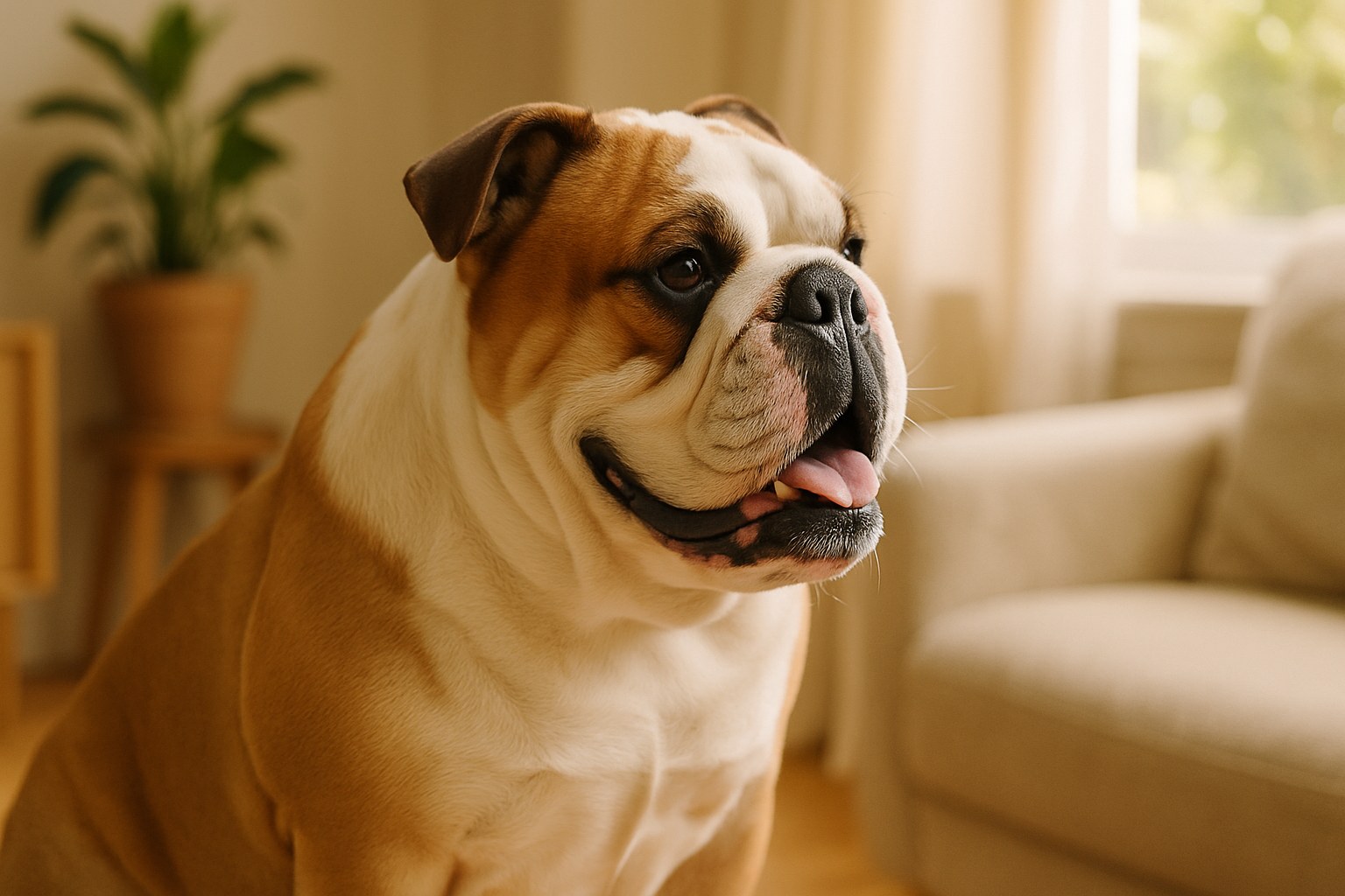 Bulldog Inglese pezzato con pieghe della pelle sdraiato comodamente