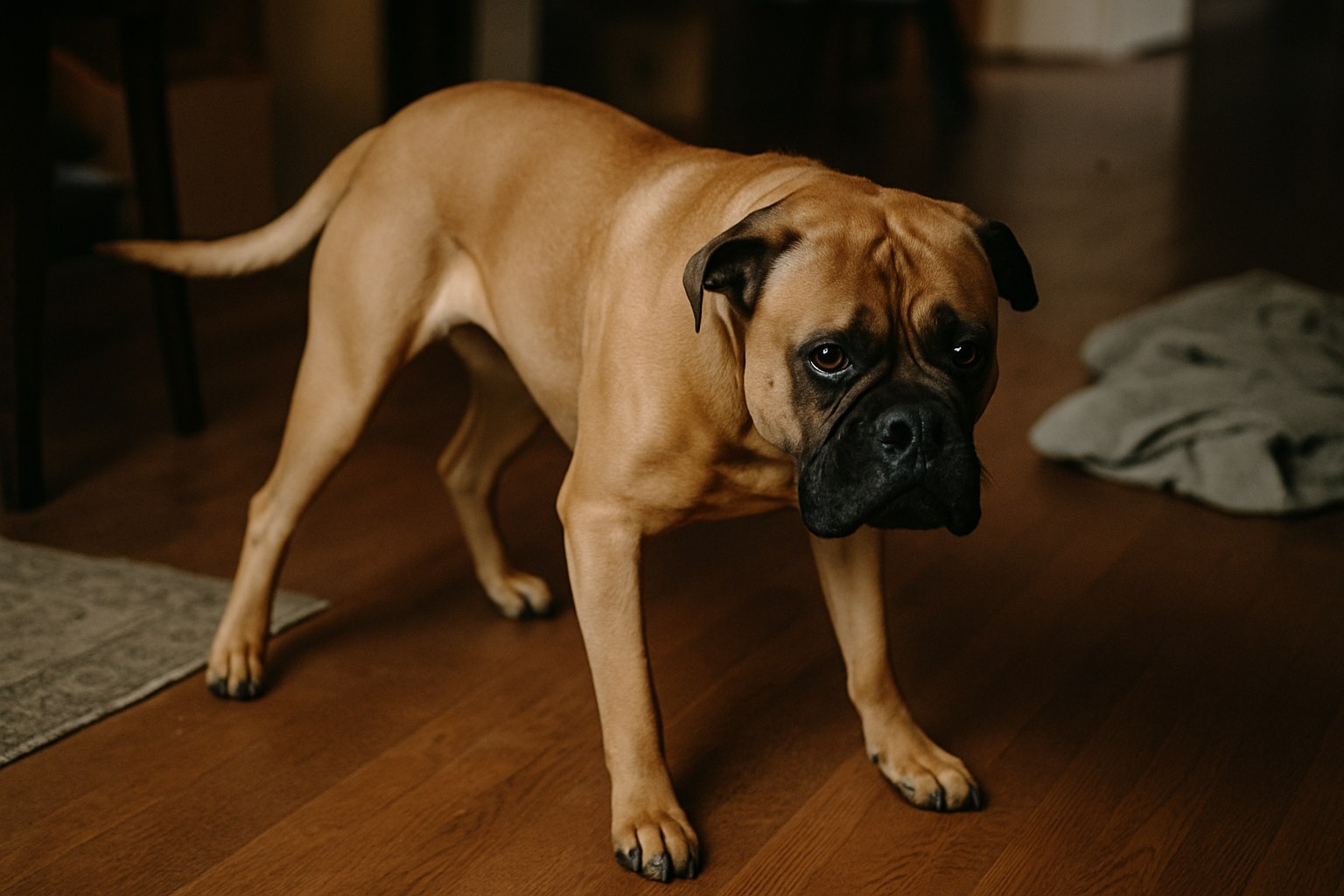 Bullmastiff fulvo maestoso in piedi vigile in un giardino