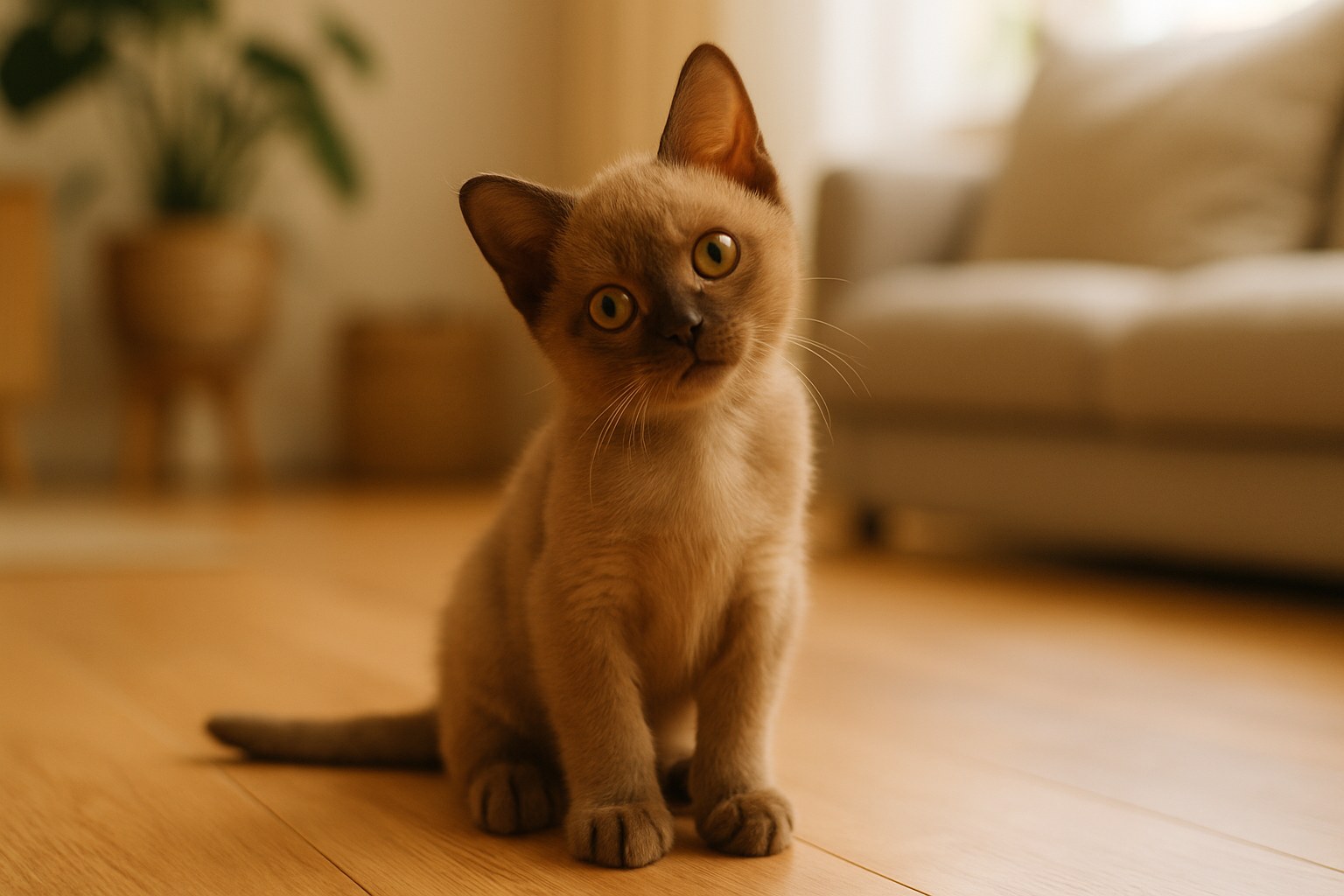 Gatto Burmese marrone sable con occhi gialli intensi in posa fiera