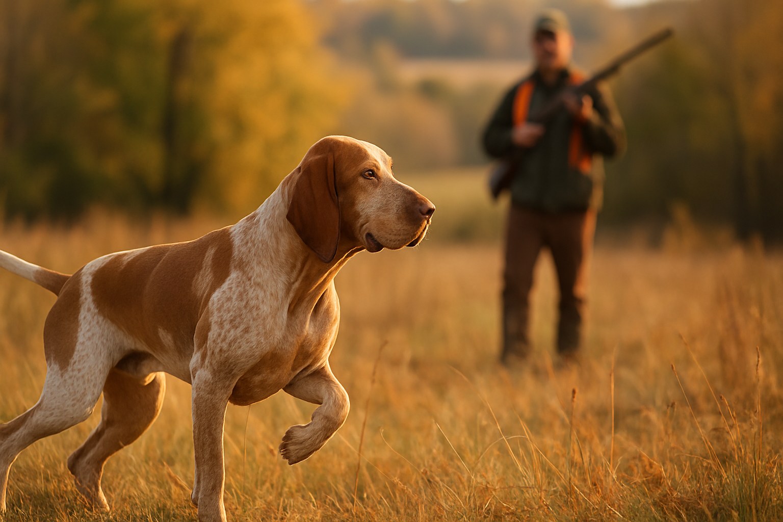 Pointer italiano in ferma durante battuta di caccia in campagna autunnale