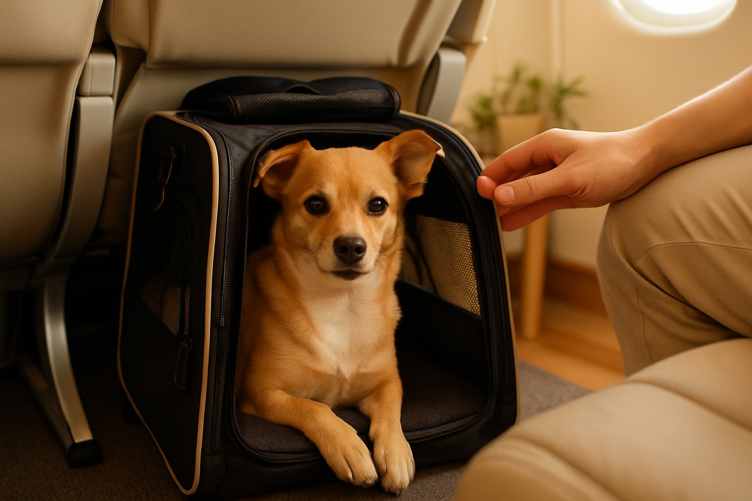 Cane di piccola taglia seduto dentro trasportino IATA omologato in cabina aereo con proprietario accanto