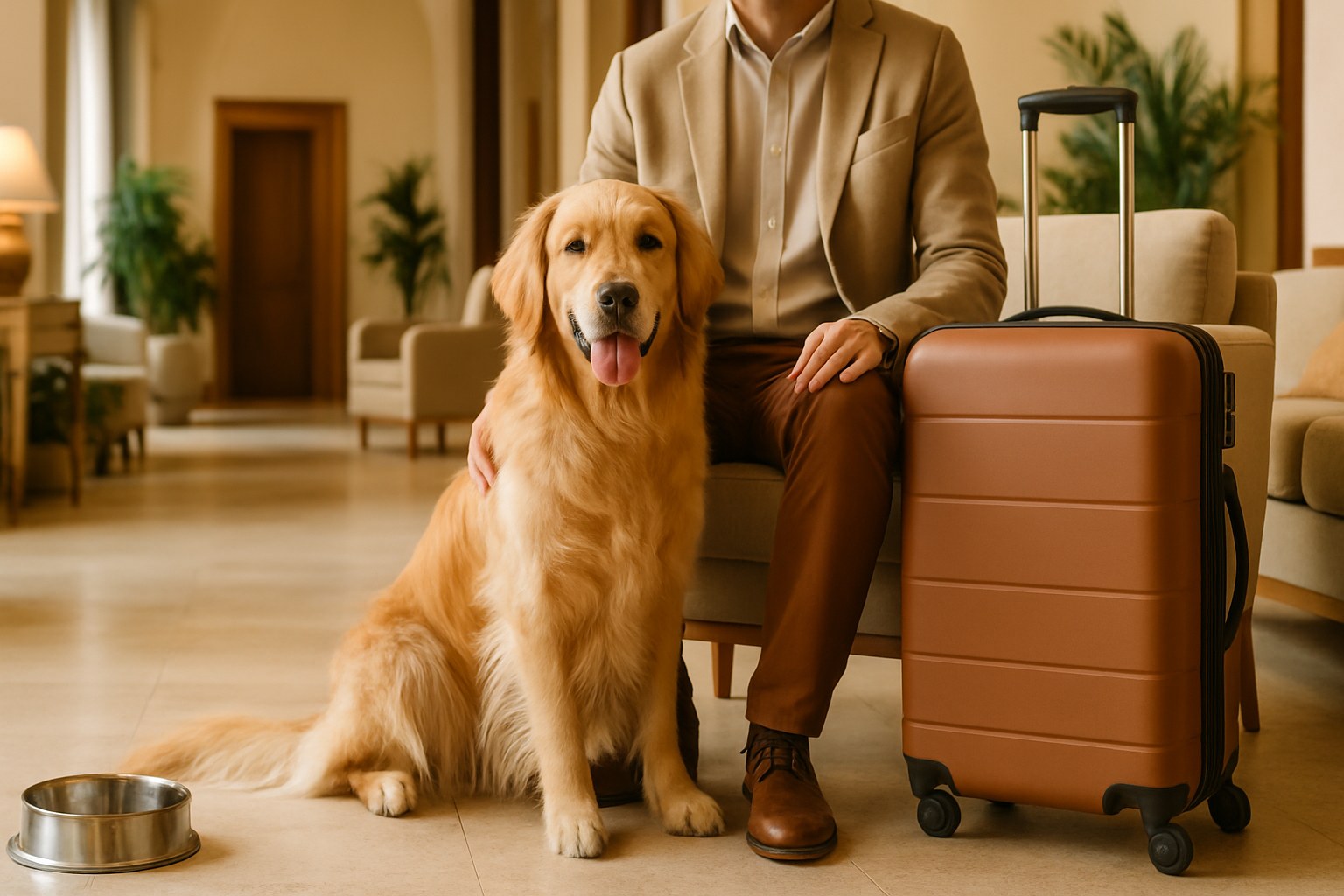 Cane di taglia media seduto accanto al proprietario nella hall elegante di un hotel pet-friendly italiano, con valigie e ciotola per l'acqua