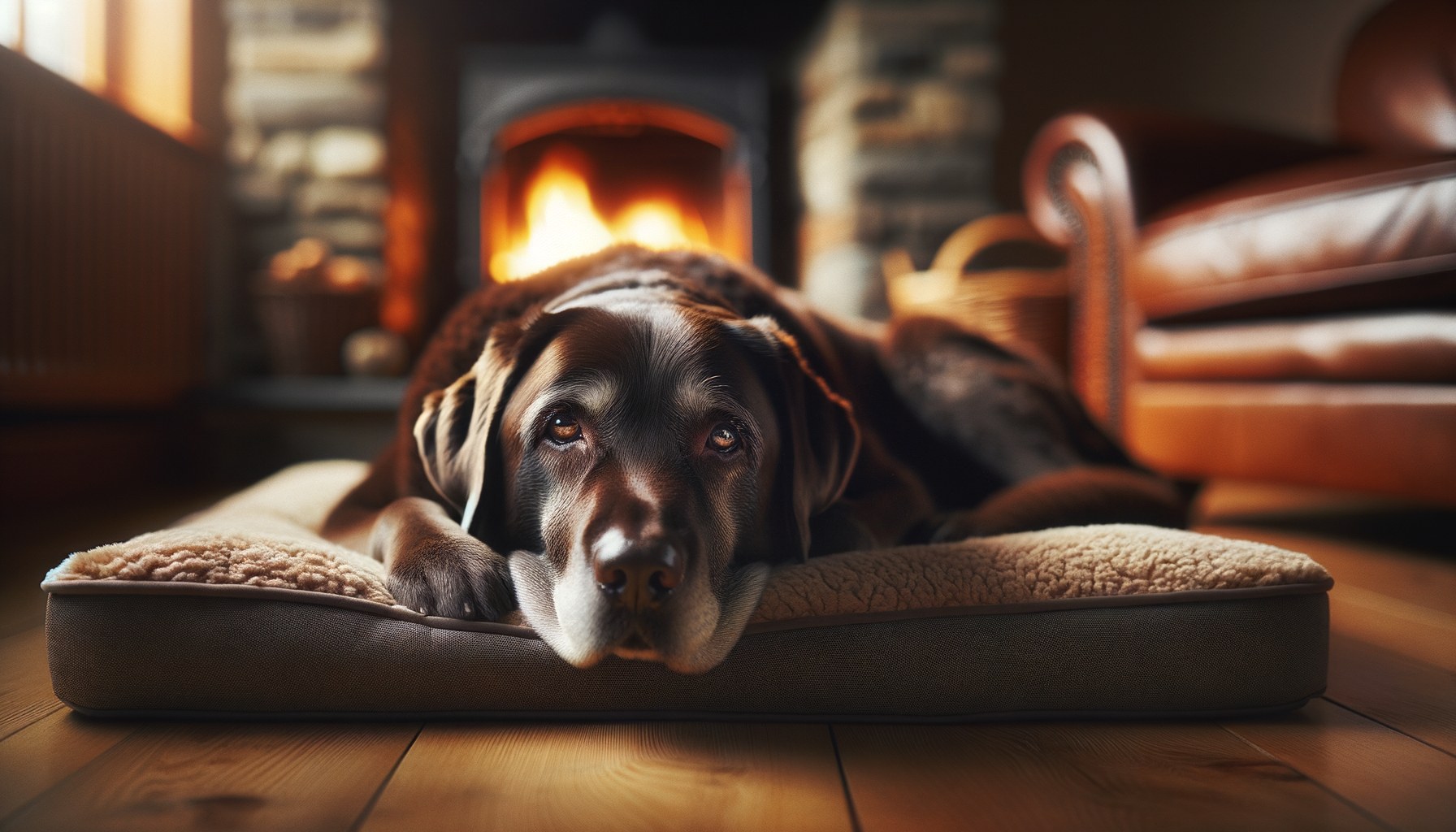 Cane Labrador grigio sul muso disteso su una coperta morbida vicino al camino