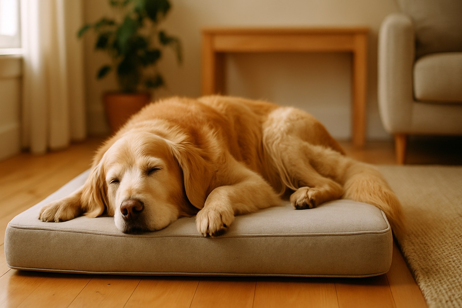 Cane anziano senior che dorme serenamente su cuccia ortopedica in ambiente domestico confortevole