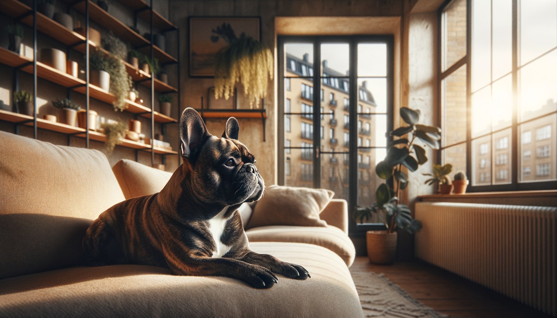 Bulldog Francese disteso comodamente sul divano di un appartamento moderno