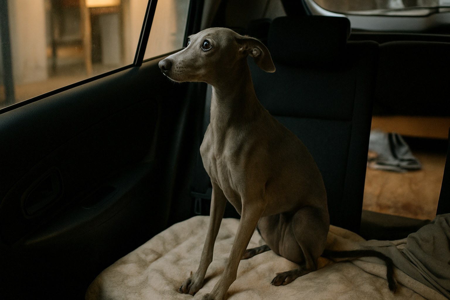 Cane comodamente seduto in trasportino in macchina