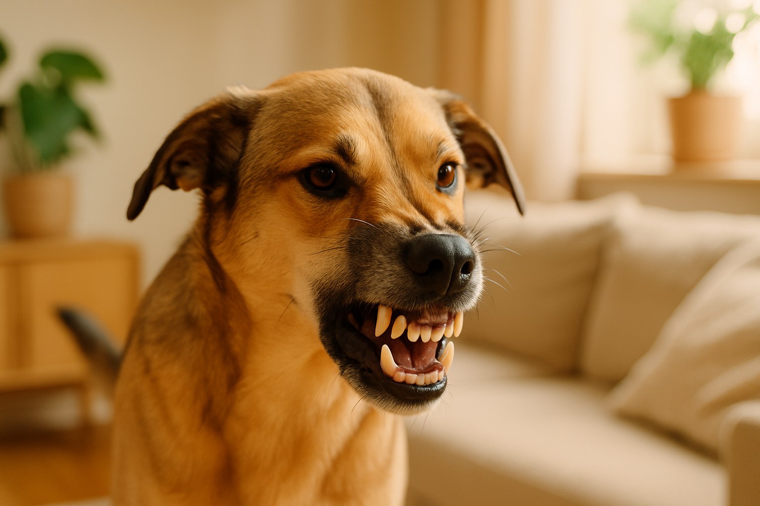 Cane adulto che mostra i denti ringhiando con linguaggio corporeo teso e orecchie all'indietro
