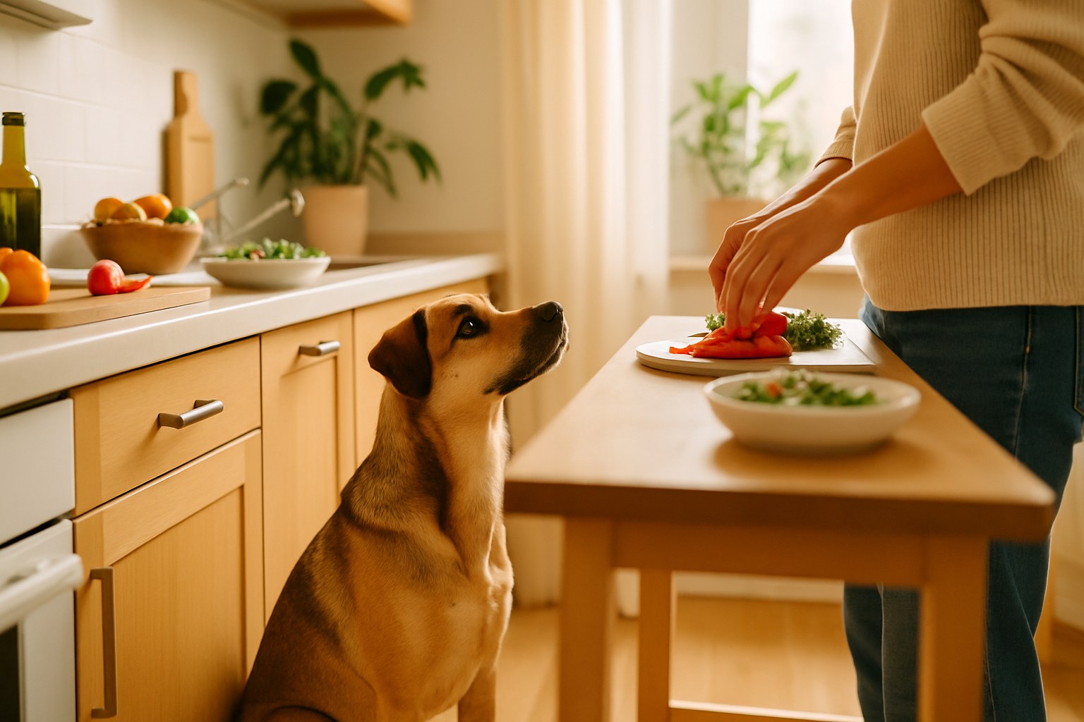 Cane di taglia media che osserva con interesse il cibo sul tavolo della cucina mentre il proprietario prepara il pasto