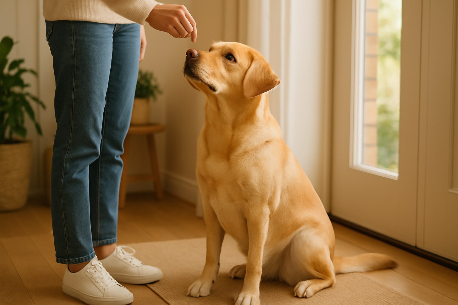 Cane labrador seduto educatamente davanti al proprietario durante il saluto senza saltare addosso