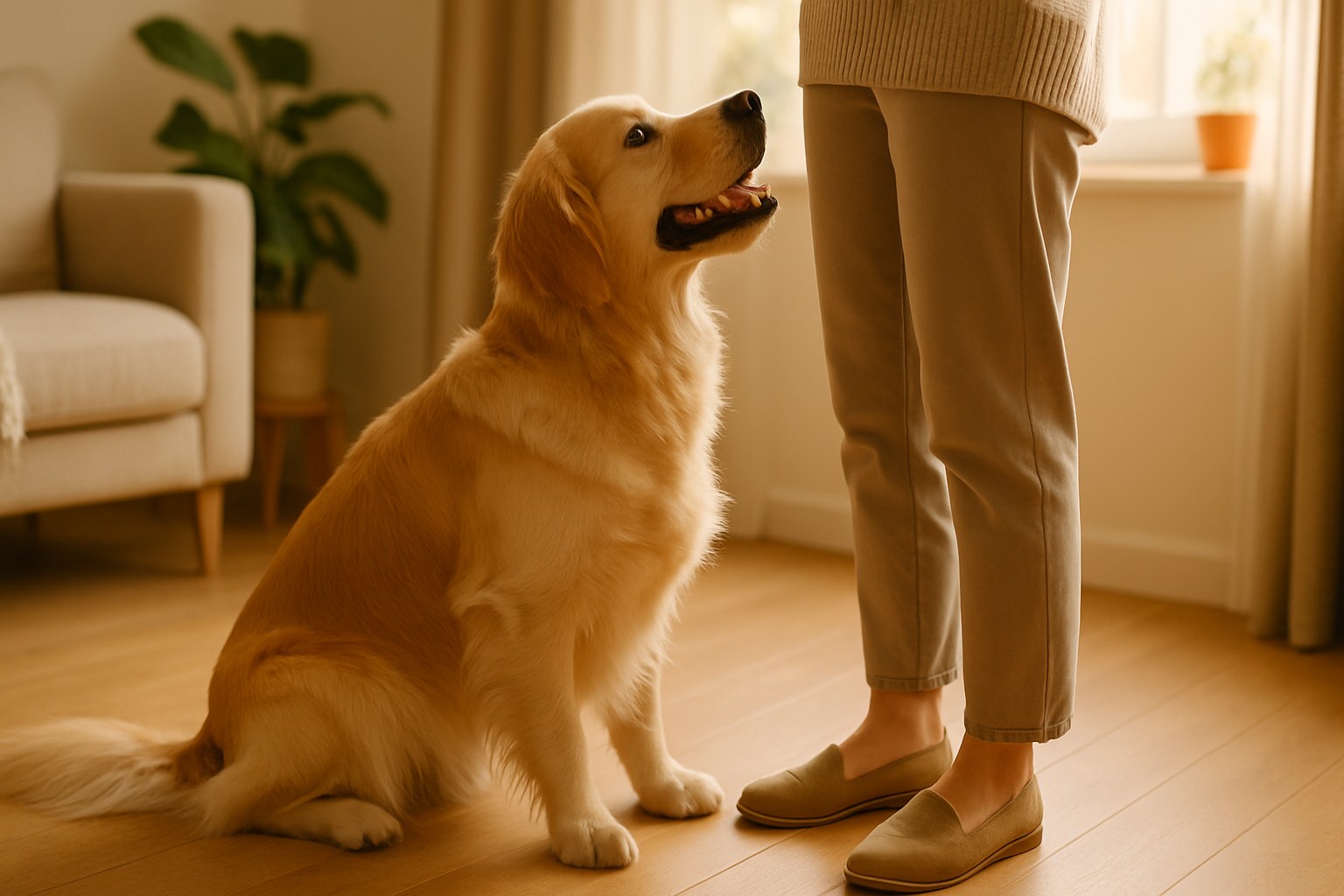 Cane golden retriever seduto vicino al proprietario che guarda con attenzione cercando contatto