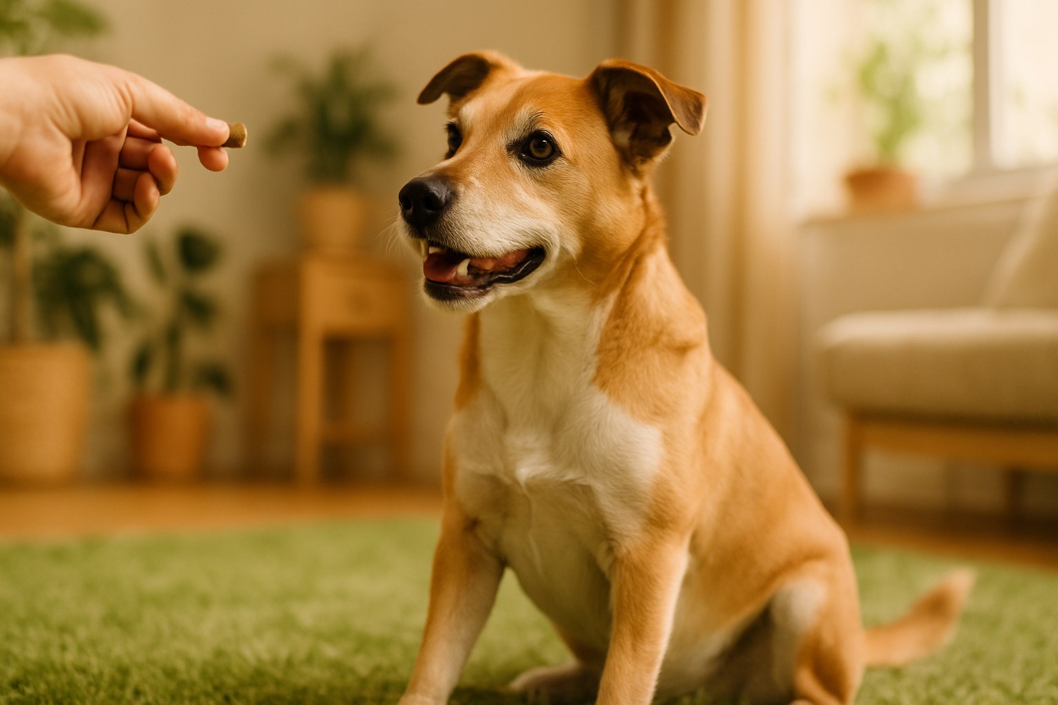 Cane attento davanti a un osso che lascia su comando
