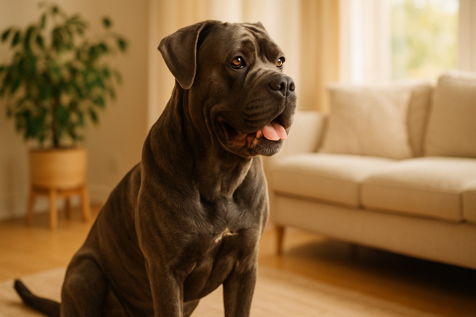 Cane Corso nero in piedi maestoso accanto al padrone