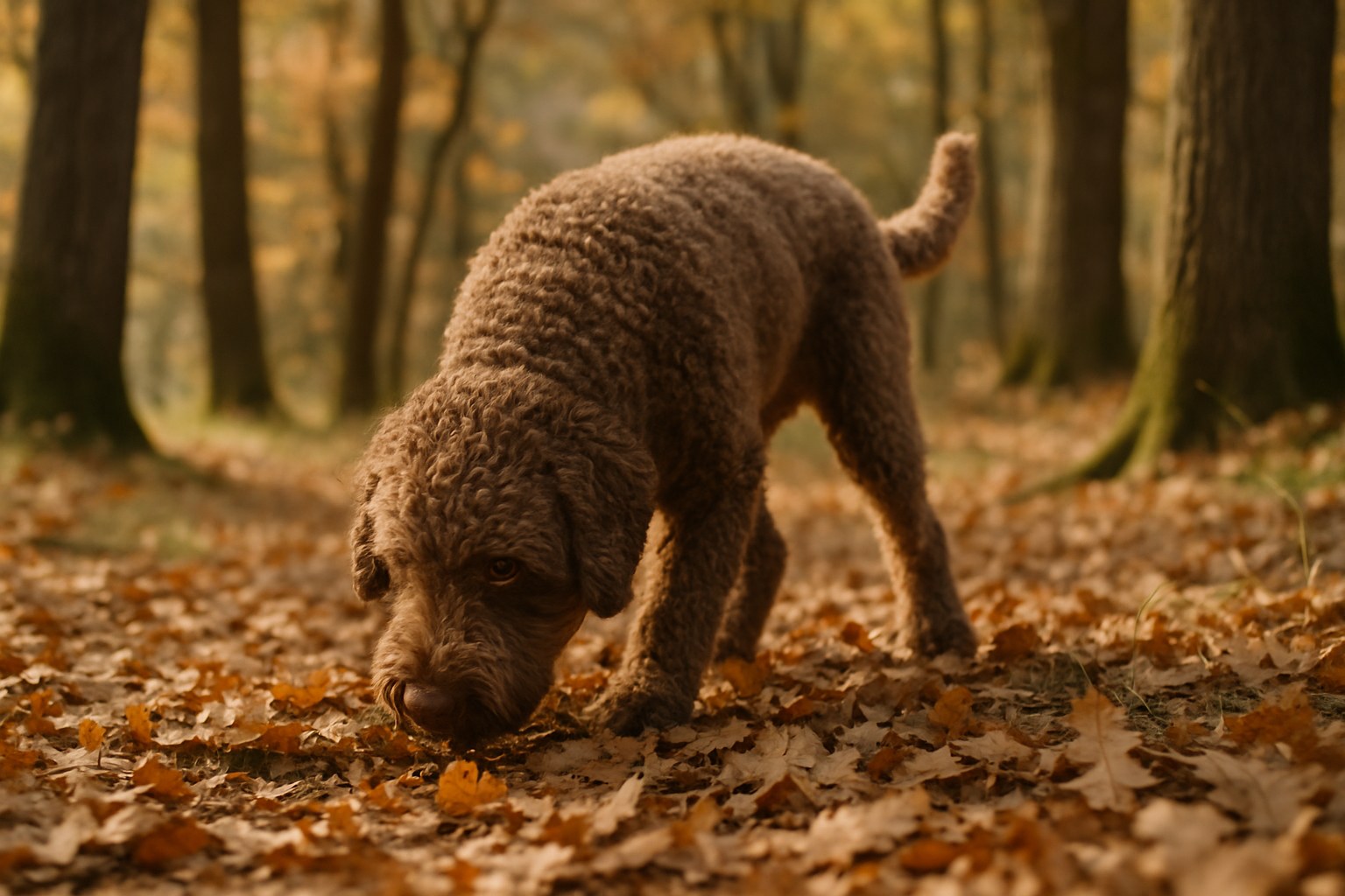 Lagotto Romagnolo adulto che cerca tartufi in un bosco autunnale italiano, concentrato sul terreno tra foglie secche