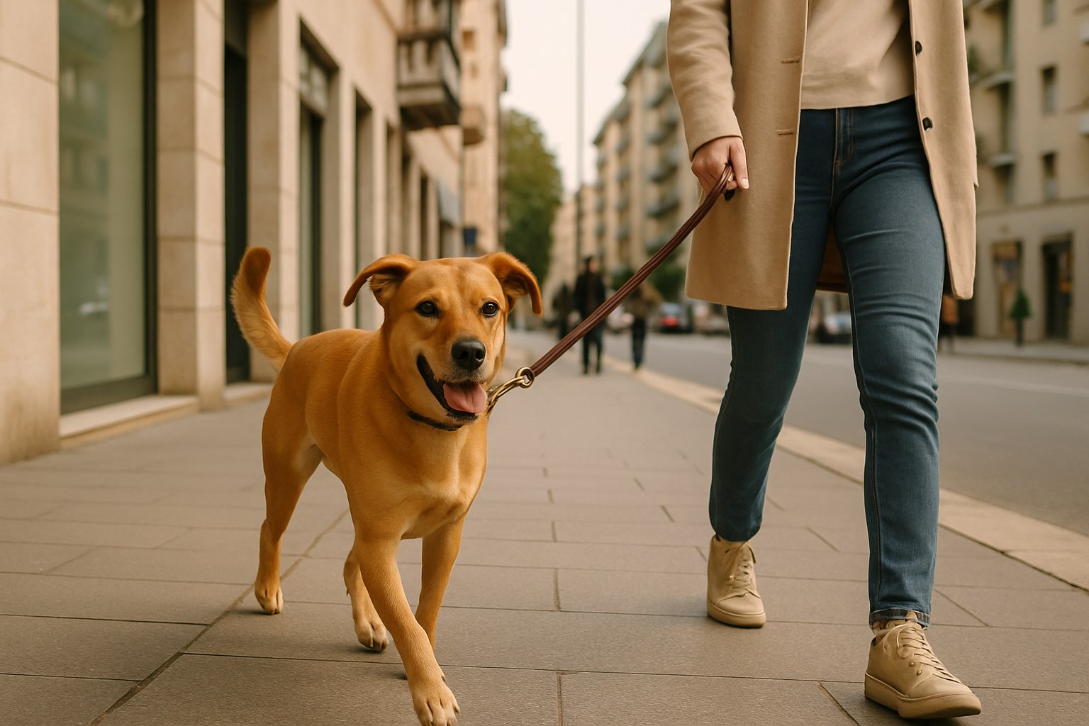 Cane di taglia media al guinzaglio corto con proprietario che cammina su marciapiede urbano di città italiana