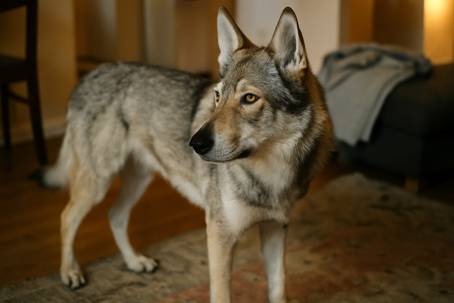 Cane Lupo di Saarloos grigio con corporatura lupina su prato