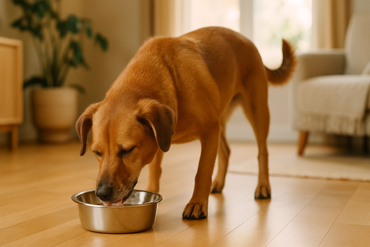 Cane triste che guarda la ciotola di cibo intatta sul pavimento