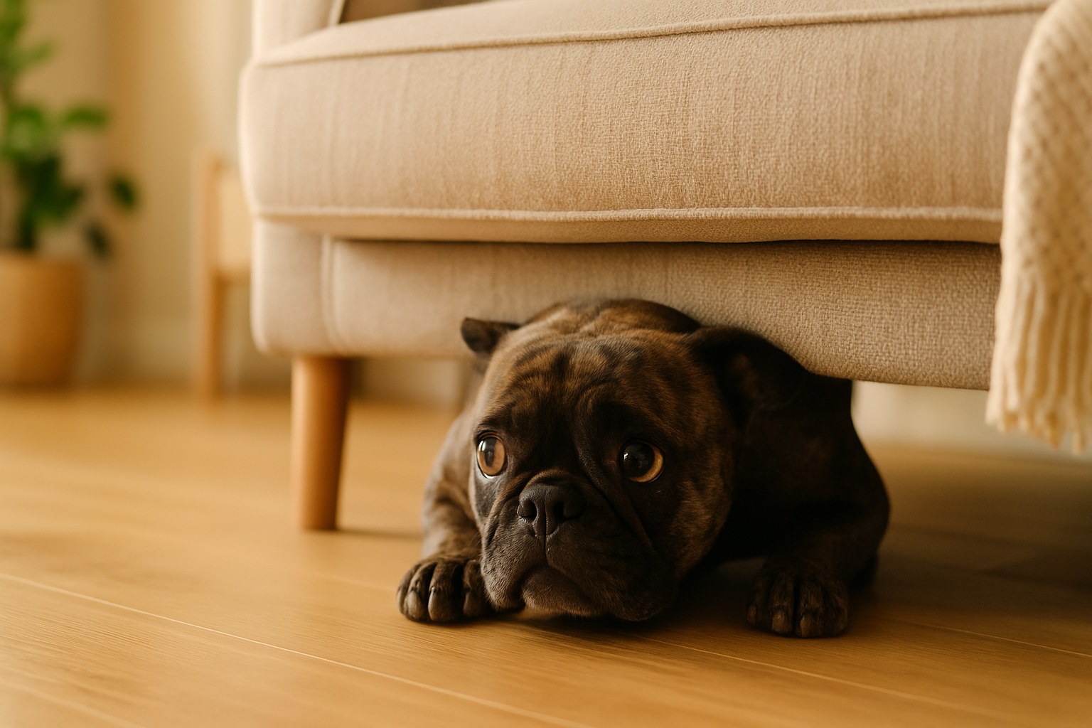 Cane che si nasconde sotto un letto durante un temporale